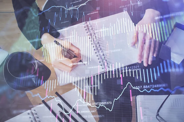 Ologramma grafico Forex a portata di mano prendendo appunti sfondo. Concetto di analisi. Multi esposizione — Foto Stock