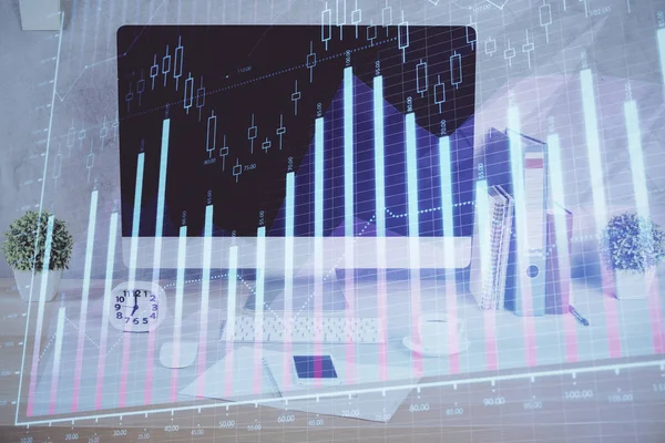 Forex graph hologram on table with computer background. 두 번 노출. 금융 시장의 개념. — 스톡 사진