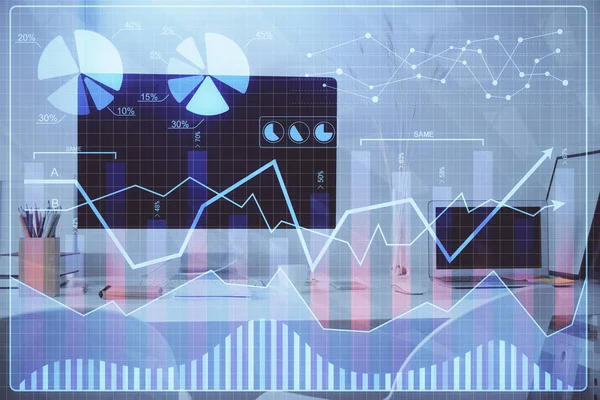 背景に外国為替市場グラフのホログラムとパーソナルコンピュータ。多重露光。投資の概念. — ストック写真