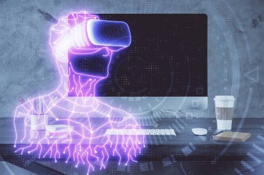 AR tema simgesi olan bilgisayar masaüstünde. Çoklu maruz kalma. Artırılmış gerçeklik kavramı.