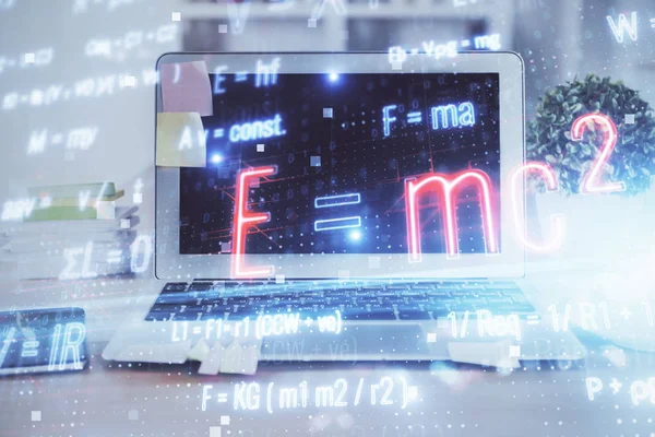 Desktop computer background and formula hologram writing. Double exposure. Education concept. — Stock Photo, Image