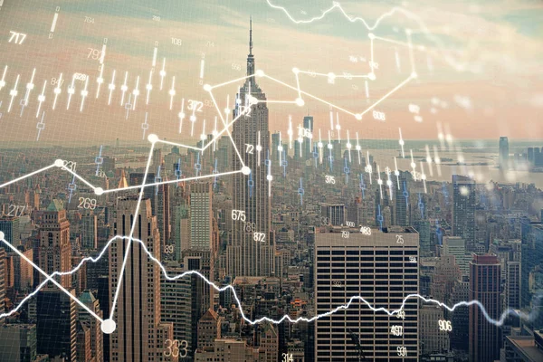 Gökdelenler arka planda çift pozlama ile şehir görünümünde eski grafik. Mali analiz kavramı.