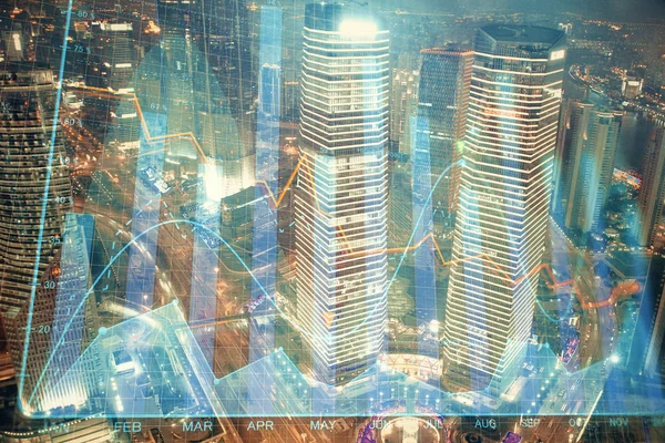 Finanční graf ve městech s vysokými budovami v pozadí. Koncepce analýzy. — Stock fotografie
