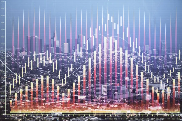 Devisendiagramm auf Stadtbild mit Wolkenkratzern Tapete Doppelbelichtung. Finanzielles Forschungskonzept. — Stockfoto