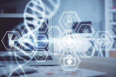 Masaüstü bilgisayar arkaplanı ve DNA çizimi. Çifte maruziyet. Bilim konsepti.
