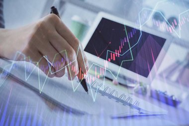 Finansal Forex grafiği el notları arka plan alarak çizilmiş. Araştırma kavramı. Çoklu pozlama