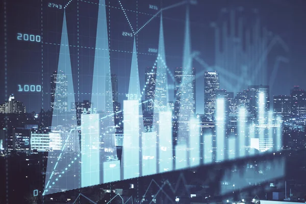 Financial graph on night city scape with tall buildings background multi exposure. Analysis concept. — Stock Photo, Image