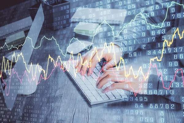 Double exposure of financial graph with man works in office on background. Concept of analysis. — Stock Photo, Image