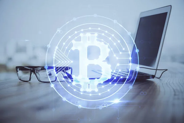 Multi exposure of blockchain theme hologram and table with computer background. Concept of bitcoin crypto currency. — Stock Photo, Image