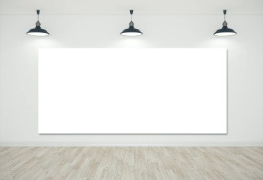Duvarında boş poster olan beyaz oda.