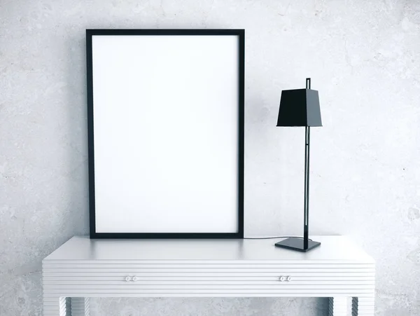 Blanco banner op tafel met lampen — Stockfoto