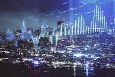 Yüksek binalar arka plan çift pozlama ile gece şehir scape mali grafik. Analiz kavramı.