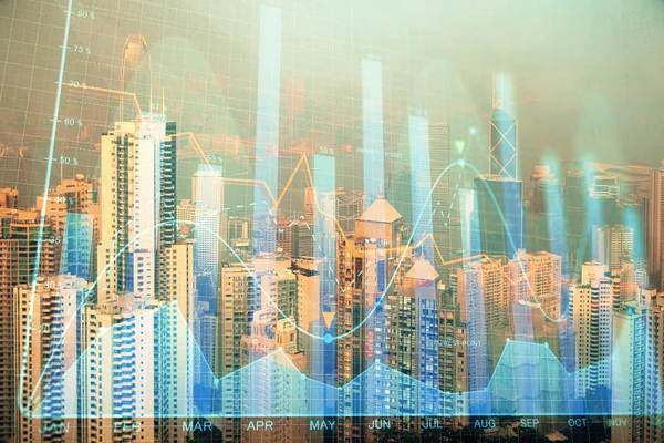 Forex graf na městském pozadí s mrakodrapy tapety dvojité expozice. Koncept finančního výzkumu. — Stock fotografie