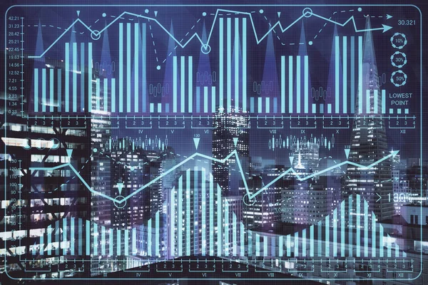 Financial graph on night city scape with tall buildings background multi exposure. Analysis concept. — Stock Photo, Image