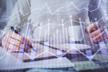 Forex grafik hologram el notları arka plan alarak. Analiz kavramı. Çift Pozlama
