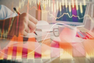 Finansal grafik el notları arka plan alarak üzerinde çizilmiş. Araştırma kavramı. Çift Pozlama