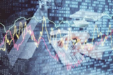 Adam ile mali grafik çift pozlama arka planda ofiste çalışır. Analiz kavramı.