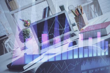 Eski pazar grafiği hologramı ve kişisel bilgisayar geçmişi. Çoklu maruz kalma. Yatırım kavramı.