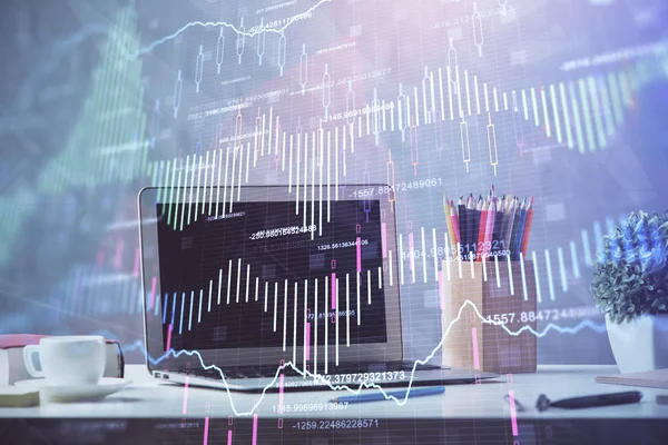 Stock market graph and table with computer background. Multi exposure. Concept of financial analysis.