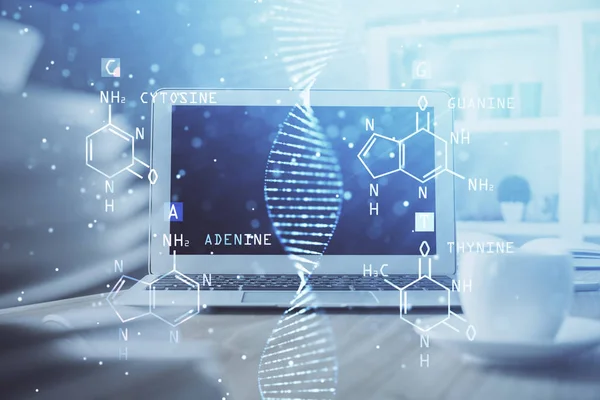 데스크톱 컴퓨터 배경과 DNA 그 리기입니다. 두 번 노출. 과학 개념. — 스톡 사진