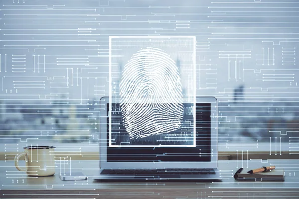 Ordenador en el escritorio en la oficina con dibujo de huellas digitales. Doble exposición. Concepto de seguridad de los datos empresariales. —  Fotos de Stock