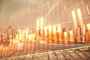 Gökdelenler arka planda çoklu pozlama ile şehir görünümünde eski grafik. Mali analiz kavramı.