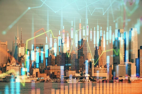 Gráfico Forex en vista de la ciudad con rascacielos fondo doble exposición. Concepto de análisis financiero . —  Fotos de Stock