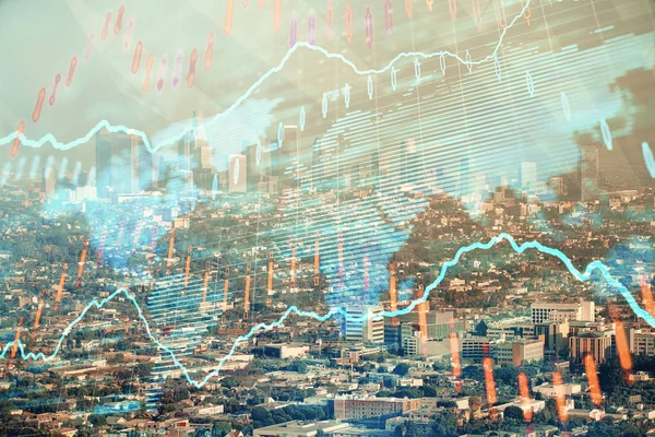 Forex grafiek op stadsgezicht met wolkenkrabbers behang dubbele belichting. Begrip financieel onderzoek. — Stockfoto