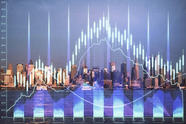 Forex chart on cityscape with skyscrapers wallpaper multi exposure. Financial research concept. — Stock Photo, Image