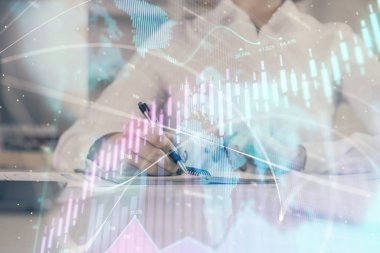 Finansal grafik el notları arka plan alarak üzerinde çizilmiş. Araştırma kavramı. Çoklu pozlama