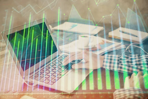 Double exposure of forex chart with man working on computer on background. Concept of market analysis. — Stock Photo, Image