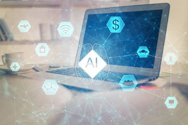 Bilgisayar ve teknoloji temalı çizimlere çifte maruz kalma. Yenilik kavramı.