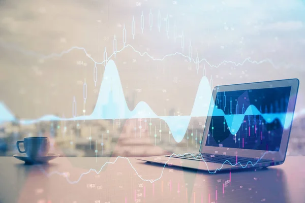 Aktiemarknad diagram och tabell med datorbakgrund. Dubbel exponering. Begreppet finansiell analys. — Stockfoto