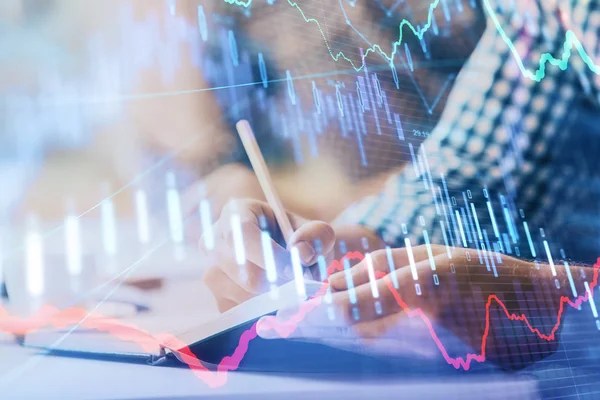 Multi-Exposition von zwei Männern, die Investitionen mit dem Börsenforex-Chart planen. — Stockfoto