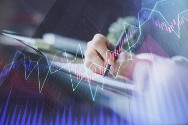 Finansal Forex grafik eller notları arka plan alarak görüntülenir. Araştırma kavramı. Çoklu pozlama
