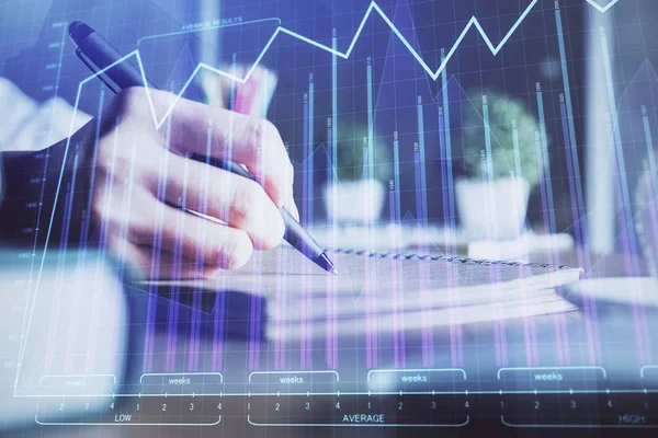 Grafici forex finanziari visualizzati sulla mano delle donne prendendo appunti di sfondo. Concetto di ricerca. Doppia esposizione — Foto Stock