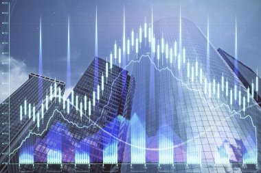 Gökdelenler, duvar kağıtları ve çoklu pozlama ile şehir manzarasının eski çizelgesi. Finansal araştırma kavramı.