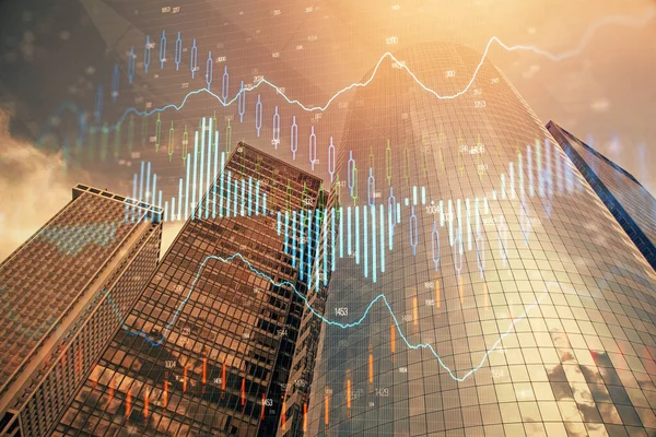 Devisendiagramm auf Stadtbild mit Wolkenkratzern Tapete Multi-Exposure. Finanzielles Forschungskonzept. — Stockfoto