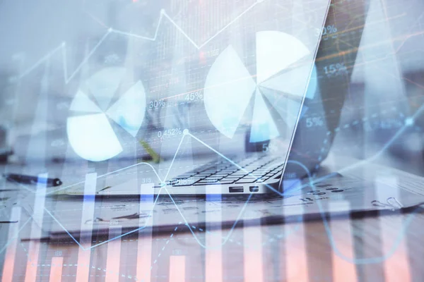 Forex Chart hologram on table with computer background. Double exposure. Concept of financial markets. — Stock Photo, Image