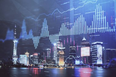 Yüksek binalar arka plan çift pozlama ile gece şehir scape mali grafik. Analiz kavramı.