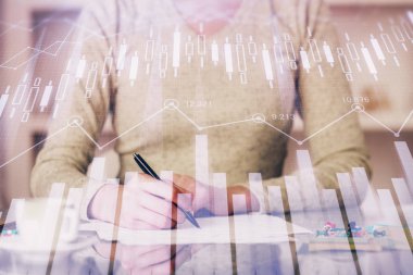 Not defteri 'nde el notu almak. Ön Forex grafik hologramlar. Araştırma kavramı. Çift Pozlama