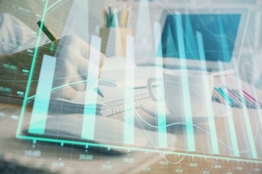 Finansal grafik el notları arka plan alarak üzerinde çizilmiş. Araştırma kavramı. Çift Pozlama