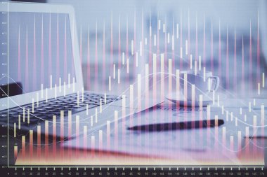 Bilgisayar geçmişi olan eski grafik hologramı. Çifte maruziyet. Finans piyasası kavramı.