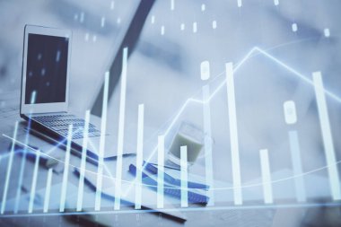 Bilgisayar geçmişi olan eski grafik hologramı. Çoklu maruz kalma. Finans piyasası kavramı.