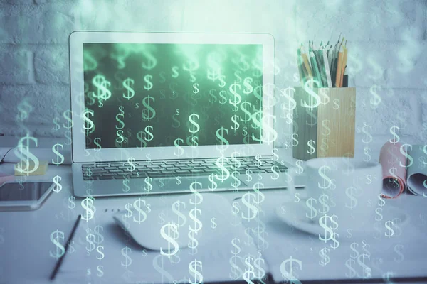 Forex Chart hologram on table with computer background. Double exposure. Concept of financial markets. — Stock Photo, Image