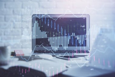 Kişisel bilgisayar arkaplanına çizilmiş borsa hologramı. Çoklu maruz kalma. Yatırım kavramı.