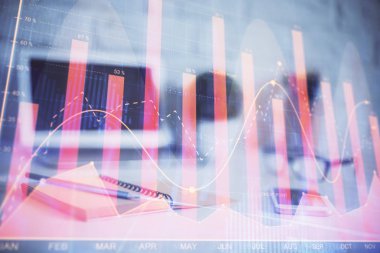 Bilgisayar geçmişi olan eski grafik hologramı. Çoklu maruz kalma. Finans piyasası kavramı.