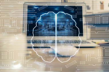 Bilgisayar ve beyin hologramıyla iki kat maruz kalmışlar. Veri yeniliği kavramı.