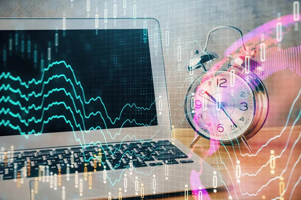 Financial graph colorful drawing and table with computer on background. Double exposure. Concept of international markets.