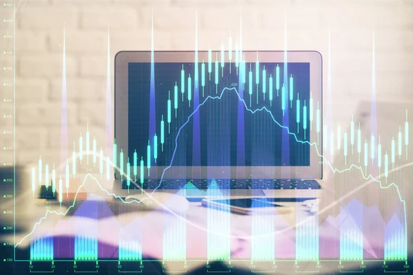 Forex piaci chart hologram és személyi számítógép háttér. Többszörös expozíció. A beruházás fogalma. — Stock Fotó